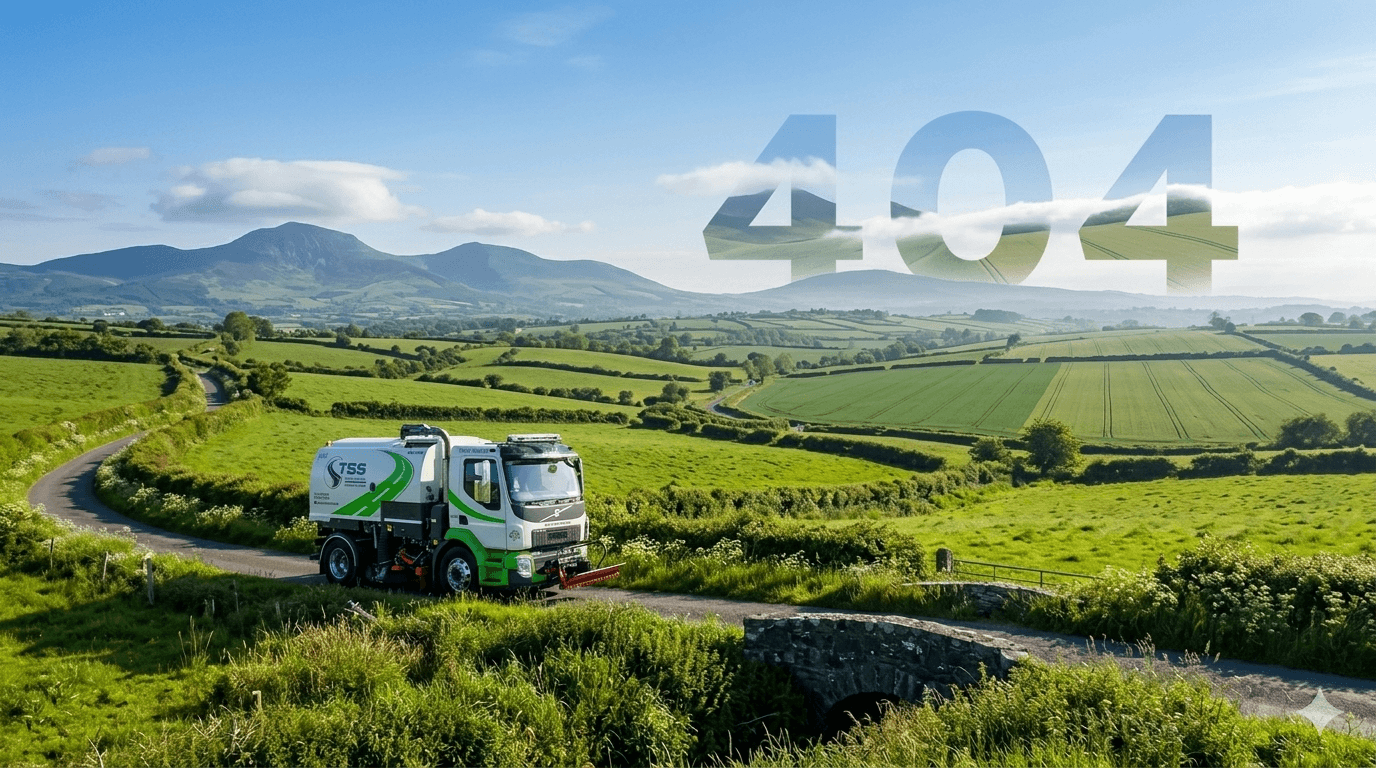 A Top Sweep road sweeper truck on a winding Irish country road with a subtle 404 shape in the distant mountains